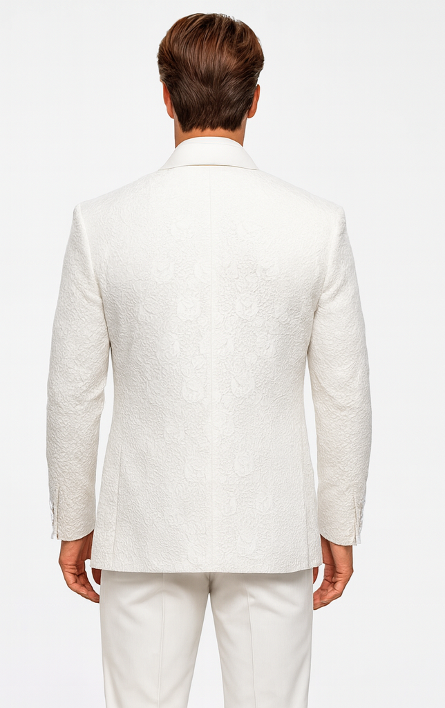 Designer White Wedding Tuxedo for Men – Vested Floral Lace Suit Set - Image 2