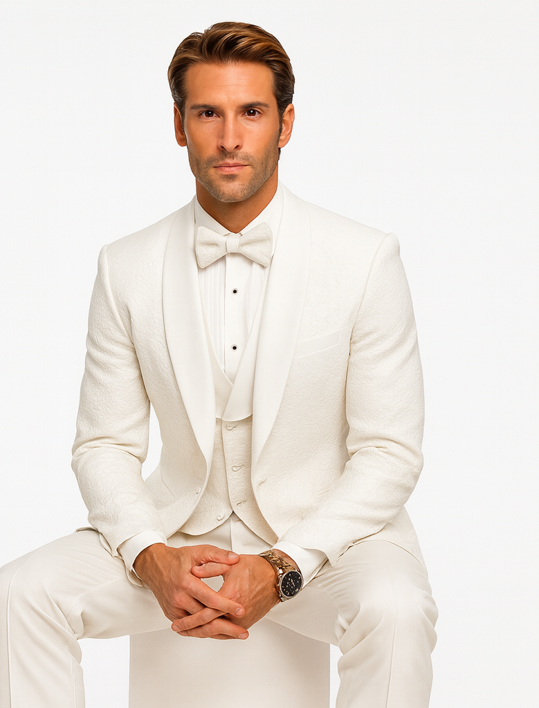 Designer White Wedding Tuxedo for Men – Vested Floral Lace Suit Set - Image 4