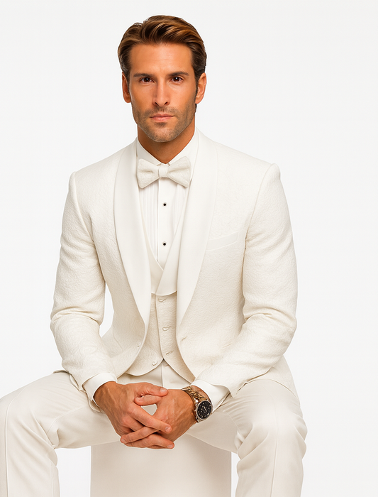 Designer White Wedding Tuxedo for Men – Vested Floral Lace Suit Set