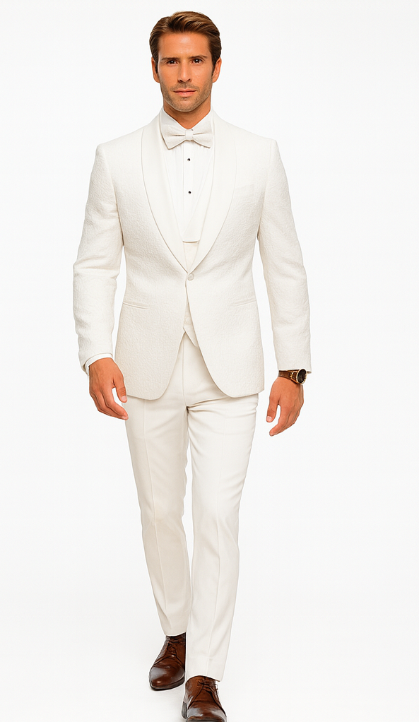 Designer White Wedding Tuxedo for Men – Vested Floral Lace Suit Set - Image 5