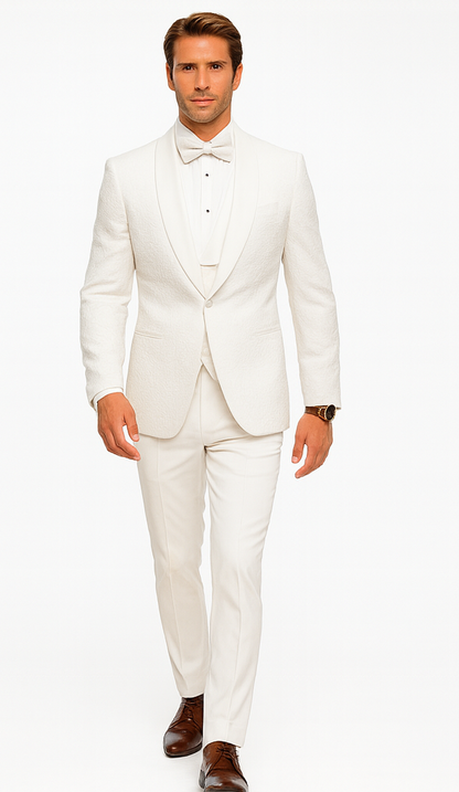 Designer White Wedding Tuxedo for Men – Vested Floral Lace Suit Set - Image 5