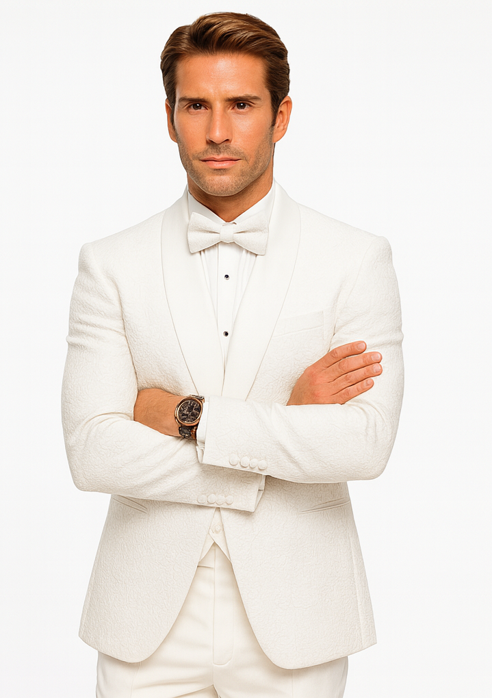 Designer White Wedding Tuxedo for Men – Vested Floral Lace Suit Set - Image 6