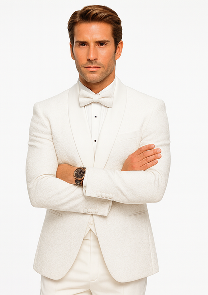 Designer White Wedding Tuxedo for Men – Vested Floral Lace Suit Set - Image 6