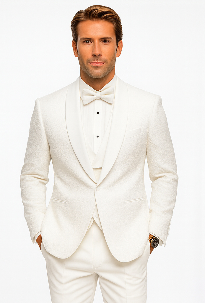 Designer White Wedding Tuxedo for Men – Vested Floral Lace Suit Set - Image 7