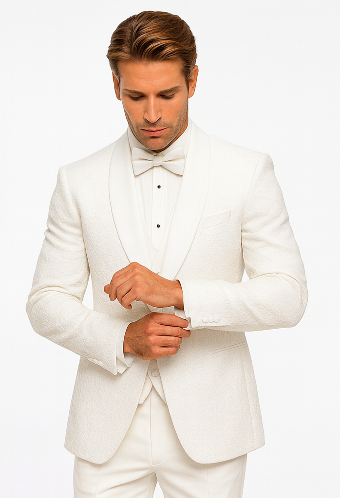 Designer White Wedding Tuxedo for Men – Vested Floral Lace Suit Set - Image 8