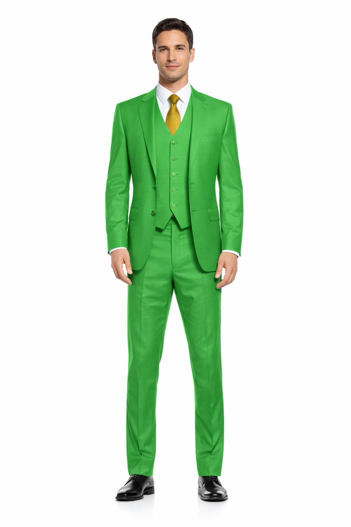 Men's  Lime Green ~ Apple   Vested 3 Piece Suit Flat Side Vented  2 button suits