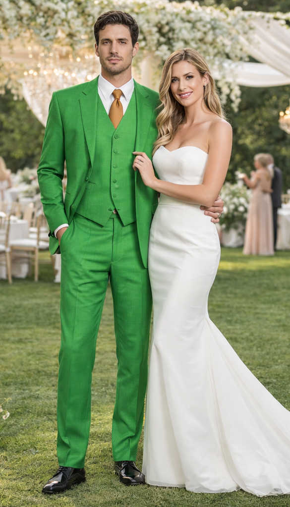 Men's  Lime Green ~ Apple   Vested 3 Piece Suit Flat Side Vented  2 button suits - Image 8