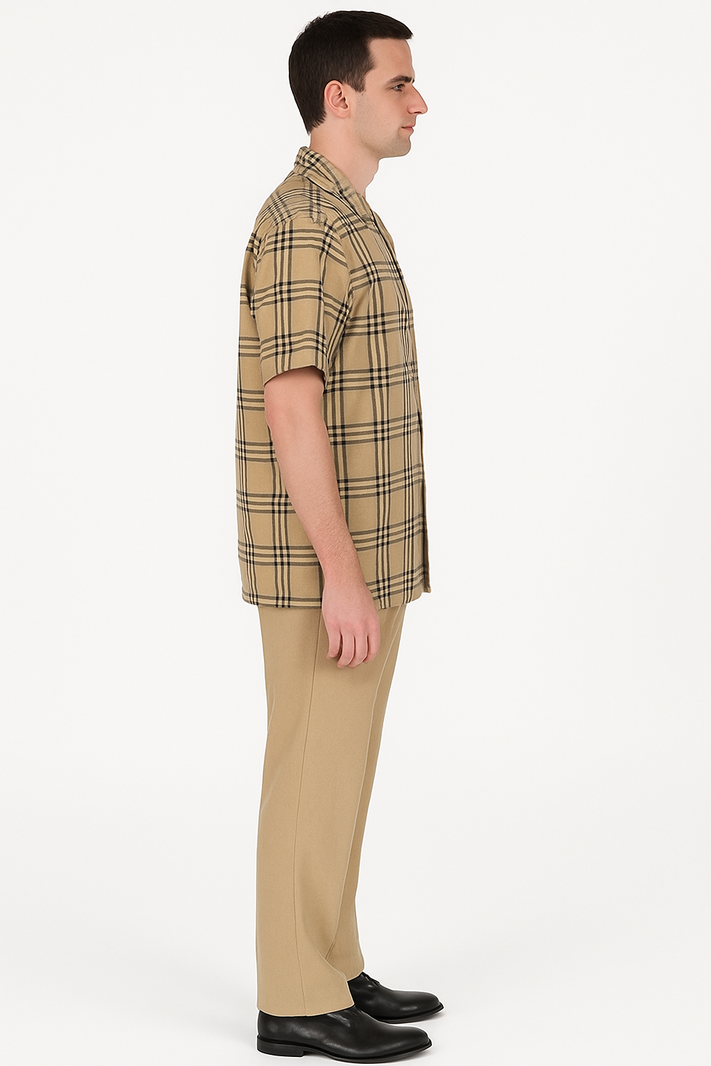Men’s Beige Checkered Casual Shirt – Short Sleeve Comfort Fit