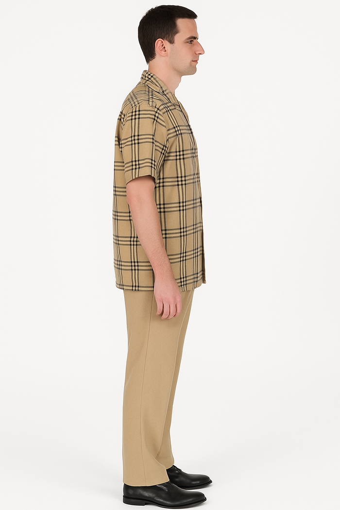 Men’s Beige Checkered Casual Shirt – Short Sleeve Comfort Fit