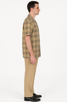 Men’s Beige Checkered Casual Shirt – Short Sleeve Comfort Fit