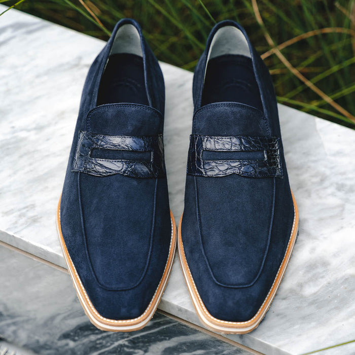 Zelli Meo 3 Suede Penny Loafers with Crocodile Accent in Navy