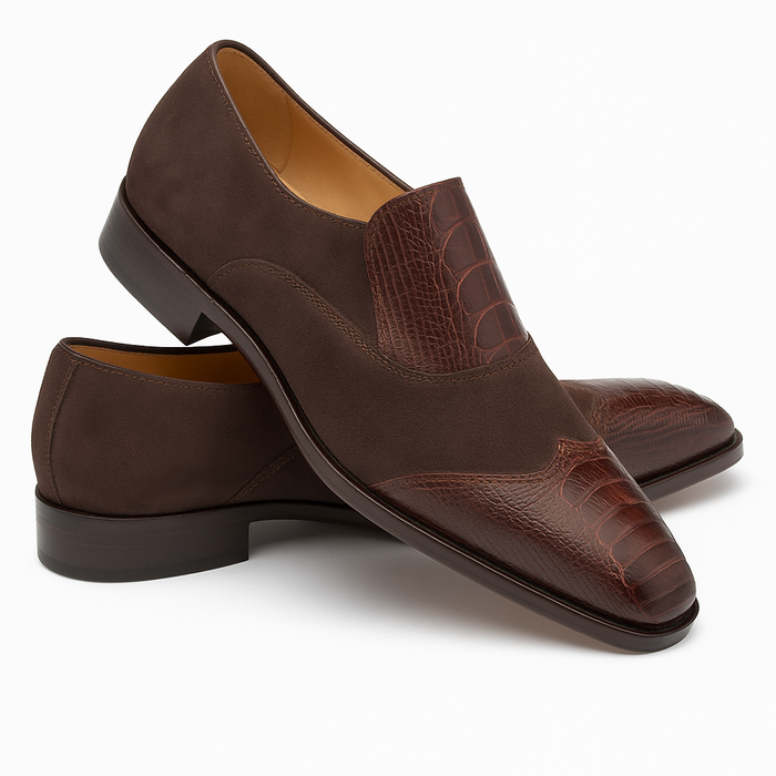 Brown Ostrich and English Suede Gored Slip On Dress Shoes for men By Mezlan Made In Spain Brand