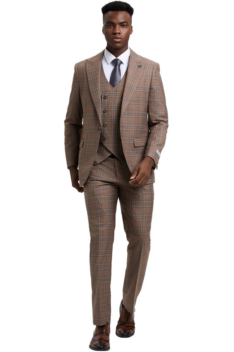 Men's Stacy Adams One Button Peak Lapel Double Breasted Vest Suit in Light Brown Plaid - Image 2