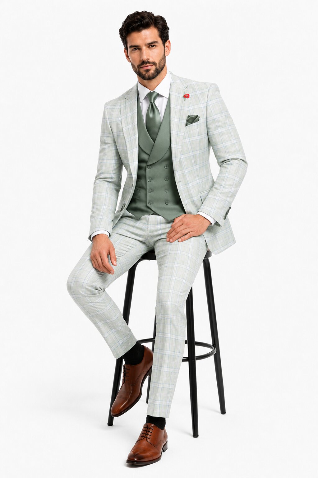 Statement Mens Modern Fit 3 Piece 100% Super 200s Wool Classic Windowpane Suit – Double Breasted Vest