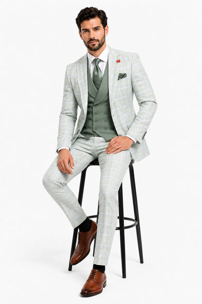 Statement Mens Modern Fit 3 Piece 100% Super 200s Wool Classic Windowpane Suit – Double Breasted Vest