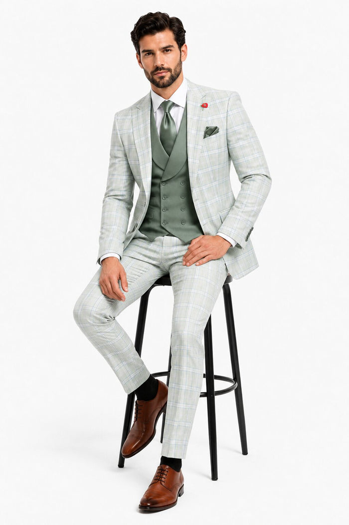 Statement Mens Modern Fit 3 Piece 100% Super 200s Wool Classic Windowpane Suit – Double Breasted Vest