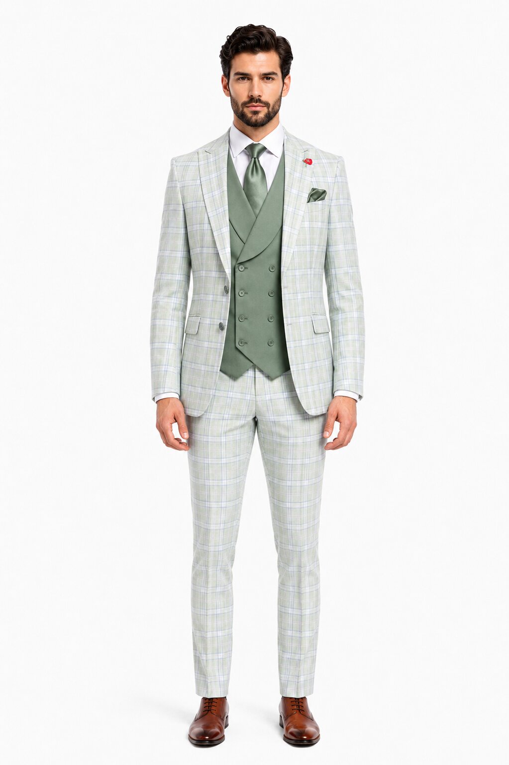 Statement Mens Modern Fit 3 Piece 100% Super 200s Wool Classic Windowpane Suit – Double Breasted Vest