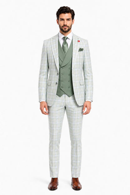 Statement Mens Modern Fit 3 Piece 100% Super 200s Wool Classic Windowpane Suit – Double Breasted Vest
