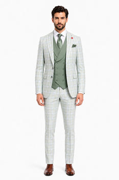 Statement Mens Modern Fit 3 Piece 100% Super 200s Wool Classic Windowpane Suit – Double Breasted Vest