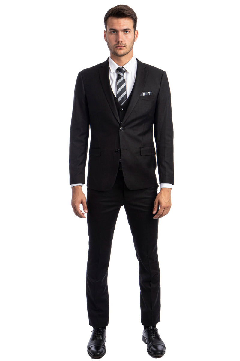 Graduation Suit - Men's Two Button Slim Fit Vested Solid Basic Color Suit in Black - Image 2