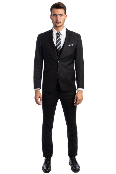 Black Men's Slim Fit Two Button Vested Suit - Solid Basic Color