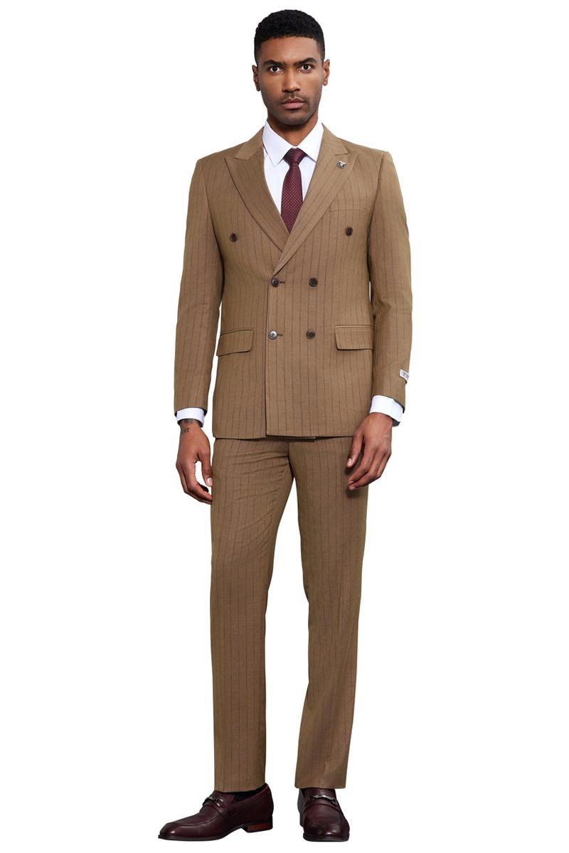 Men's Stacy Adams Double Breasted Pinstripe Suit in Camel - Image 2