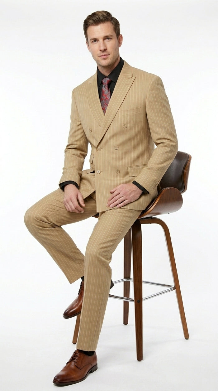 Mens Double Breasted Gangster Bold Pinstripe Suit in Camel
