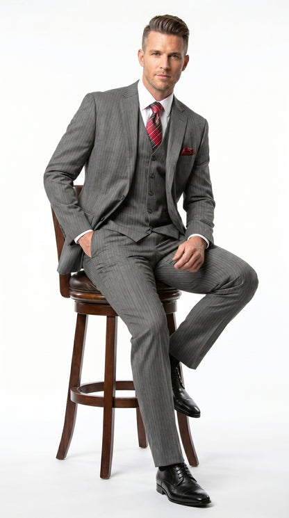 Men’s Medium Grey Classic Vested Pinstripe Suit with Jacket, Vest and Pants, Formal Dress Suit