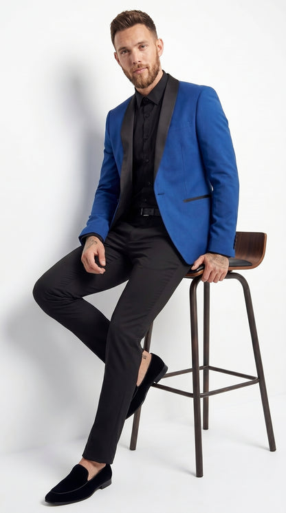 Men’s Blue 1 Button Blazer Jacket with Black Pants, Formal Party Wedding Dress Suit