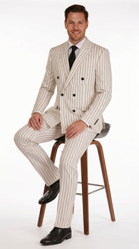 Men’s Off White Double Breasted Pinstripe Suit with Jacket and Pants, Formal Wedding Dress Suit