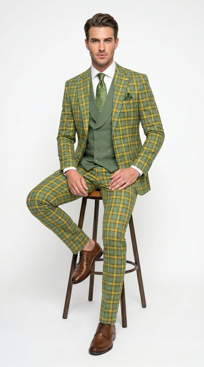 Statement - Men’s Blue and Gold Windowpane Plaid 3 Piece Wool Suit with Double Breasted Vest Modern Fit