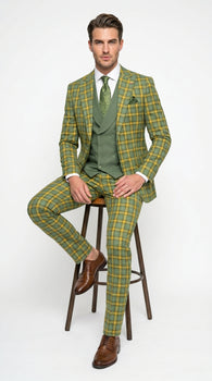 Men’s Blue and Gold Windowpane Plaid 3 Piece Wool Suit with Double Breasted Vest