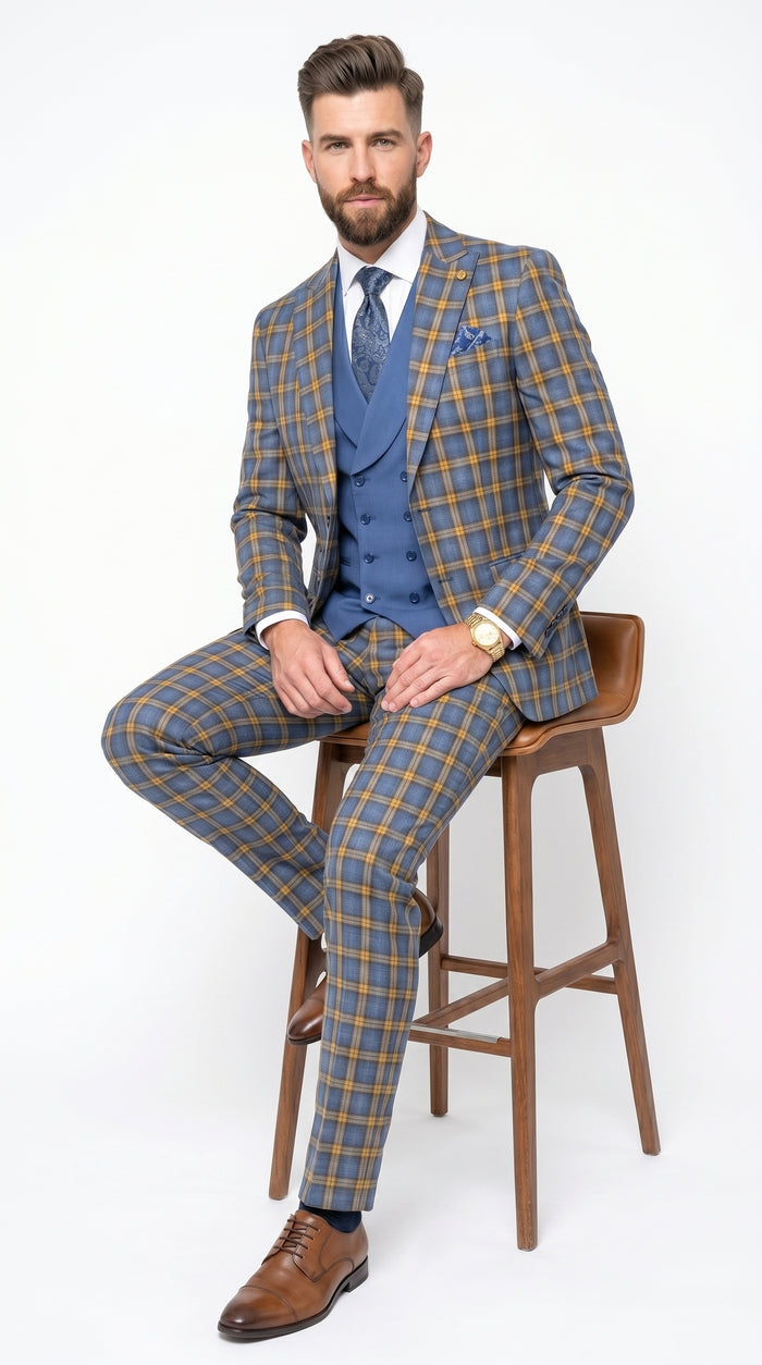 Statement - Men’s Blue and Gold Windowpane Plaid 3 Piece Wool Suit with Double Breasted Vest Modern Fit