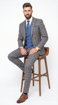 Men’s Blue and Gold Windowpane Plaid 3 Piece Wool Suit with Double Breasted Vest