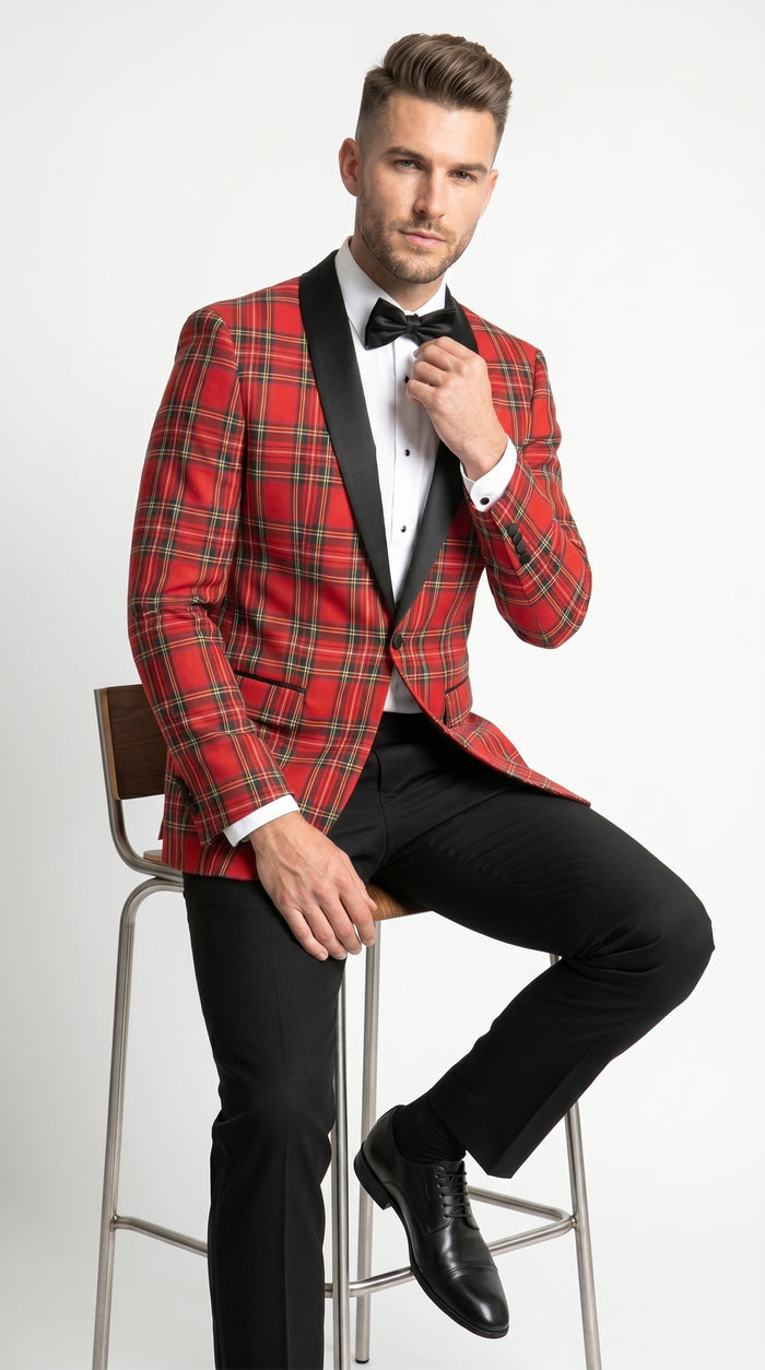 Men’s Red Tartan Plaid Tuxedo Jacket with Black Shawl Lapel, Holiday Christmas Wedding Prom Blazer