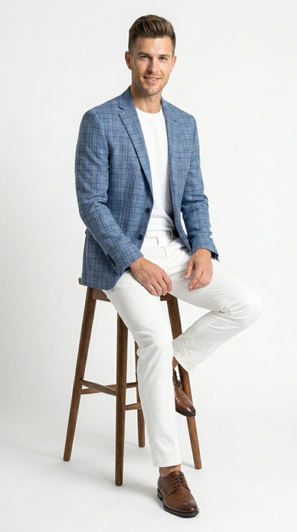 Men’s Blue Plaid Windowpane Blazer, Textured Pattern Sport Coat for Weddings, Parties, Business Casual, and Special Occasions