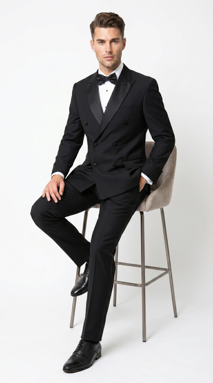 Men’s Black Double Breasted Tuxedo with Super 150s Style, Designer Formal Wedding Dinner Suit