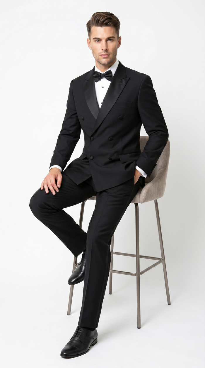 Men’s Black Double Breasted Tuxedo with Super 150s Style, Designer Formal Wedding Dinner Suit