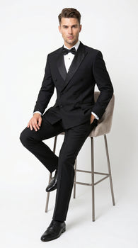 Men’s Black Double Breasted Tuxedo with Super 150s Style, Designer Formal Wedding Dinner Suit