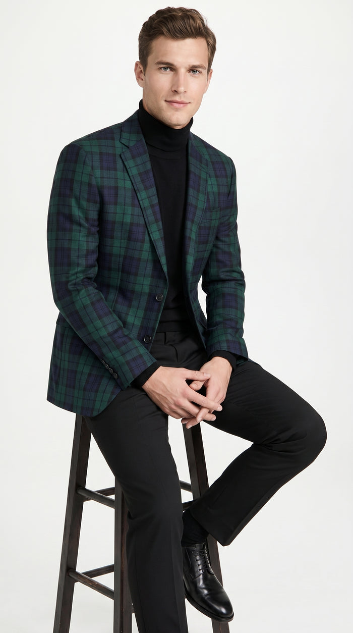 Men’s Green Tartan Plaid Dinner Jacket with Notch Lapel, Formal Sportcoat Blazer