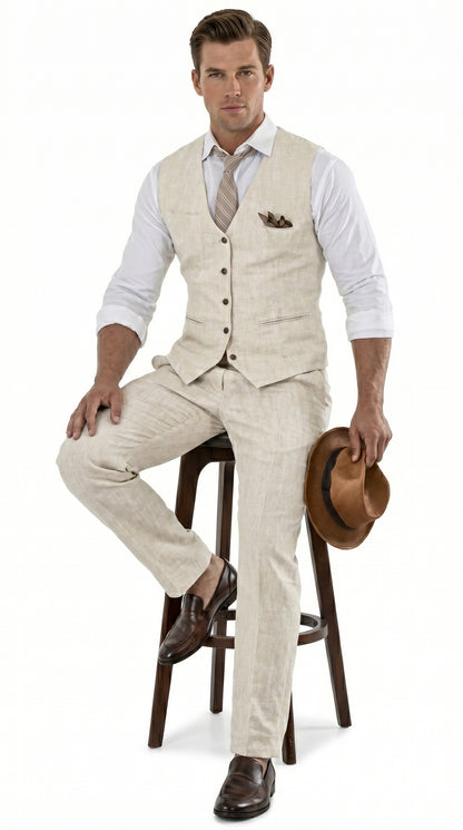 Men’s Beige Groomsmen Summer Vest and Pants Set, Beach Wedding Prom Formal Outfit
