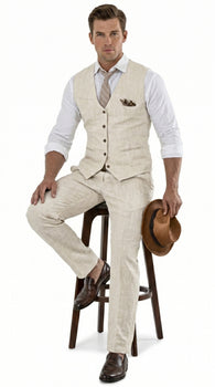 Men’s Beige Groomsmen Summer Vest and Pants Set, Beach Wedding Prom Formal Outfit