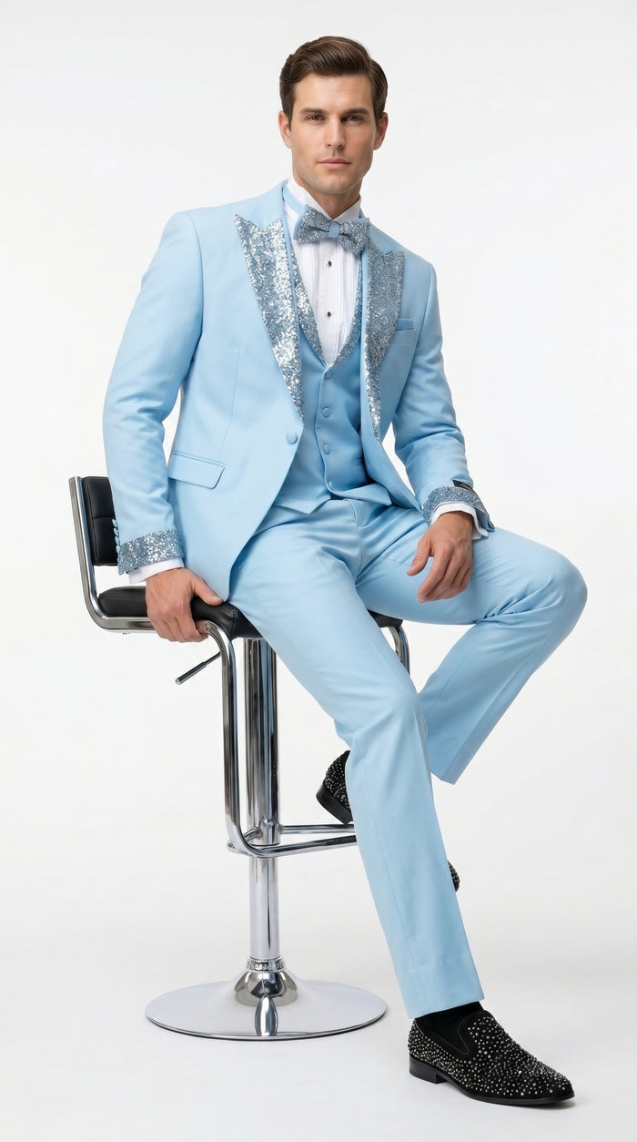 Men’s Baby Blue Prom Tuxedo with Vested Suit, Rhinestone Sequin Lapel and Matching Pants
