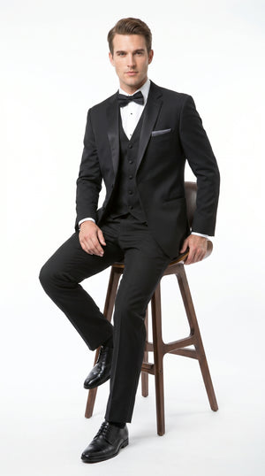 Men’s Black 2 Button Classic Vested Wedding Tuxedo with Satin Lapel and Matching Pants