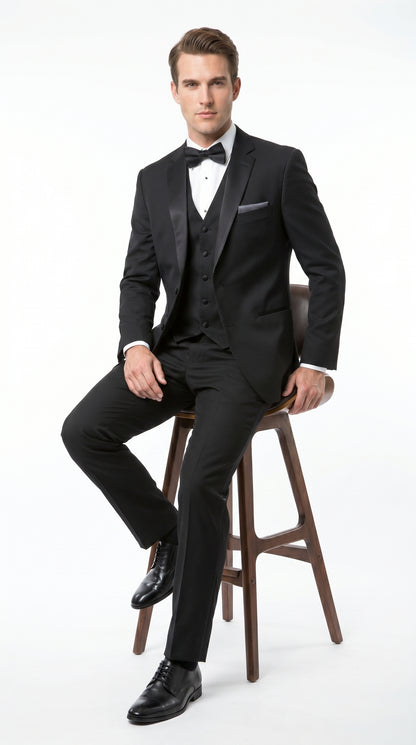 Men’s Black 2 Button Classic Vested Wedding Tuxedo with Satin Lapel and Matching Pants