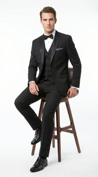 Men’s Black 2 Button Classic Vested Wedding Tuxedo with Satin Lapel and Matching Pants