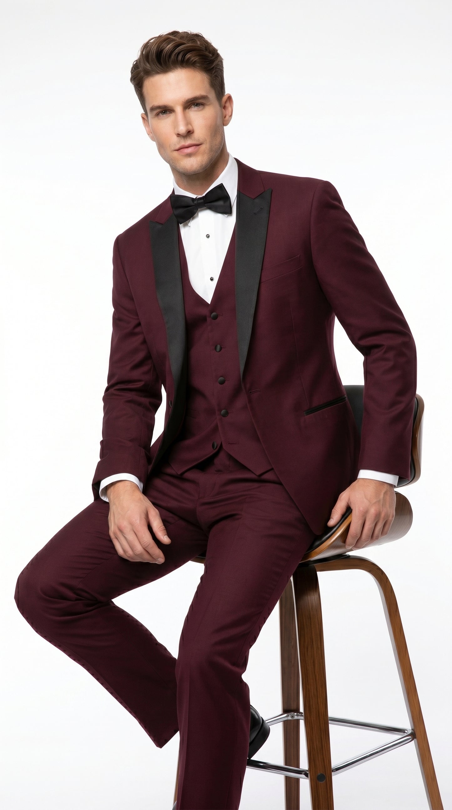 Men’s Burgundy Vested Wedding Tuxedo, One Button Jacket with Black Peak Lapel and Matching Pants