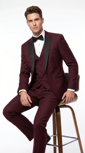 Men’s Burgundy Vested Wedding Tuxedo, One Button Jacket with Black Peak Lapel and Matching Pants