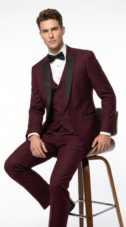 Men’s Burgundy Vested Wedding Tuxedo, One Button Jacket with Black Peak Lapel and Matching Pants