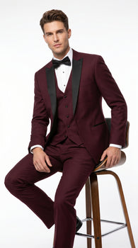 Men’s Burgundy Vested Wedding Tuxedo, One Button Jacket with Black Peak Lapel and Matching Pants